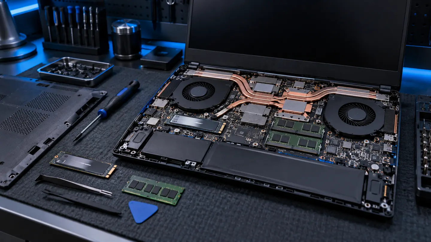 Open gaming laptop showing dual fans, heat pipes, memory and NVMe storage