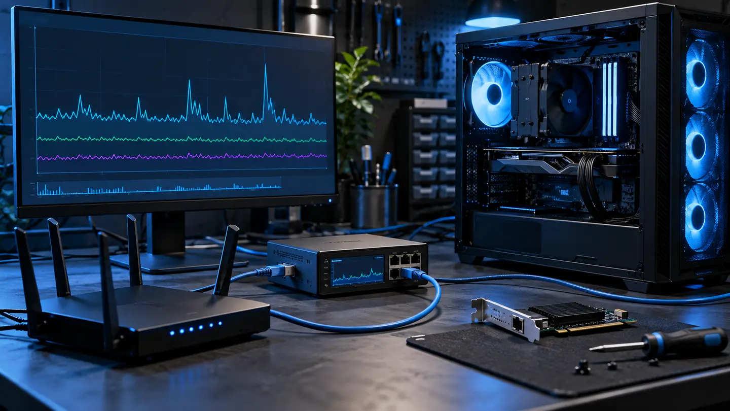 Gaming PC, router and Ethernet test equipment used for latency diagnostics