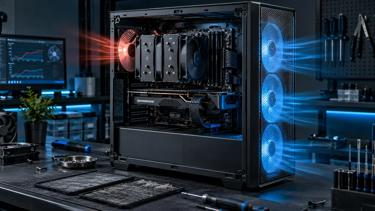 Gaming PC intake and exhaust airflow being evaluated for overheating