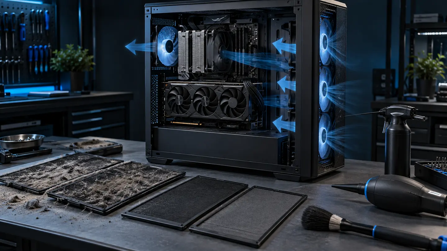 Dust filters removed from a gaming PC during deep cleaning and airflow service