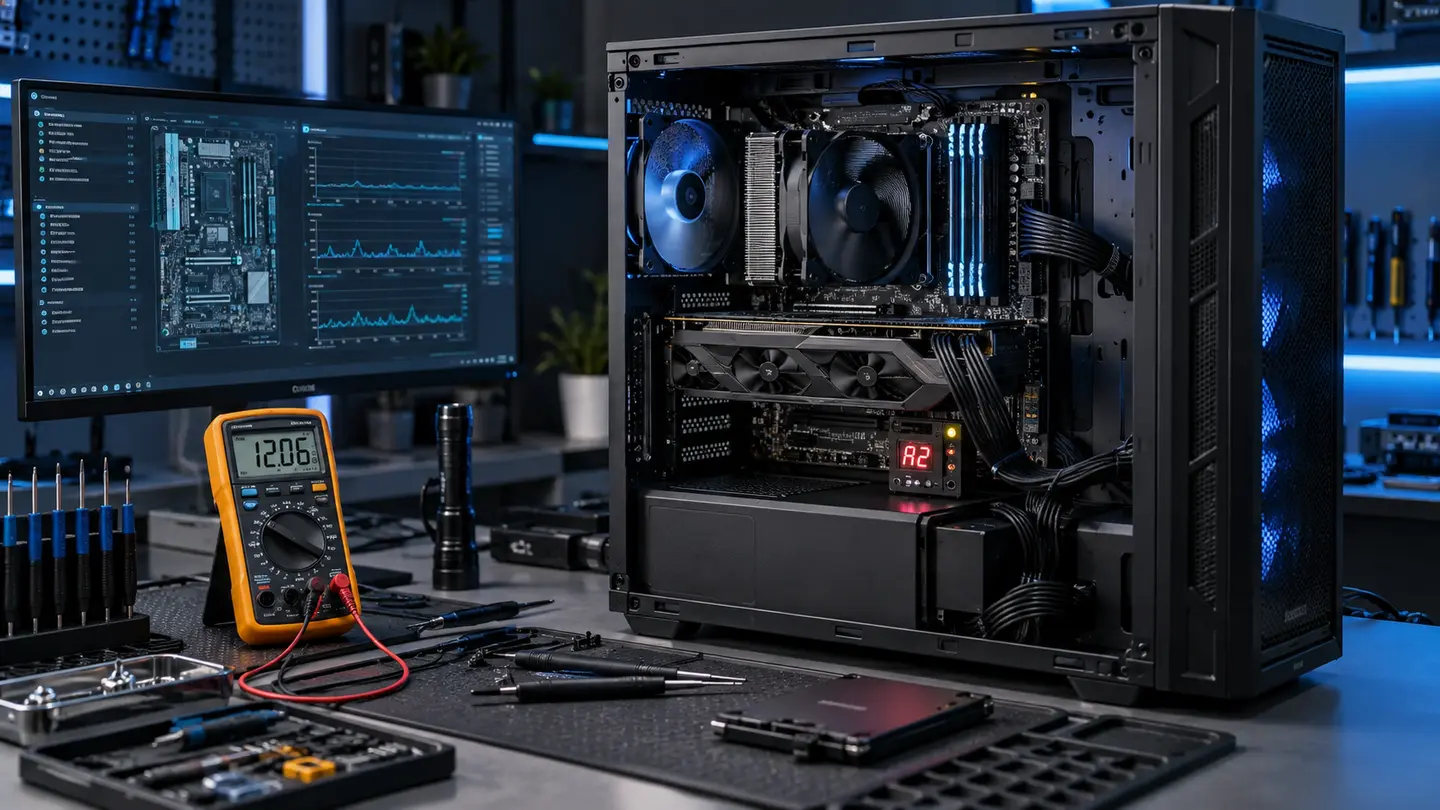Gaming PC undergoing systematic component diagnostics on a professional repair bench