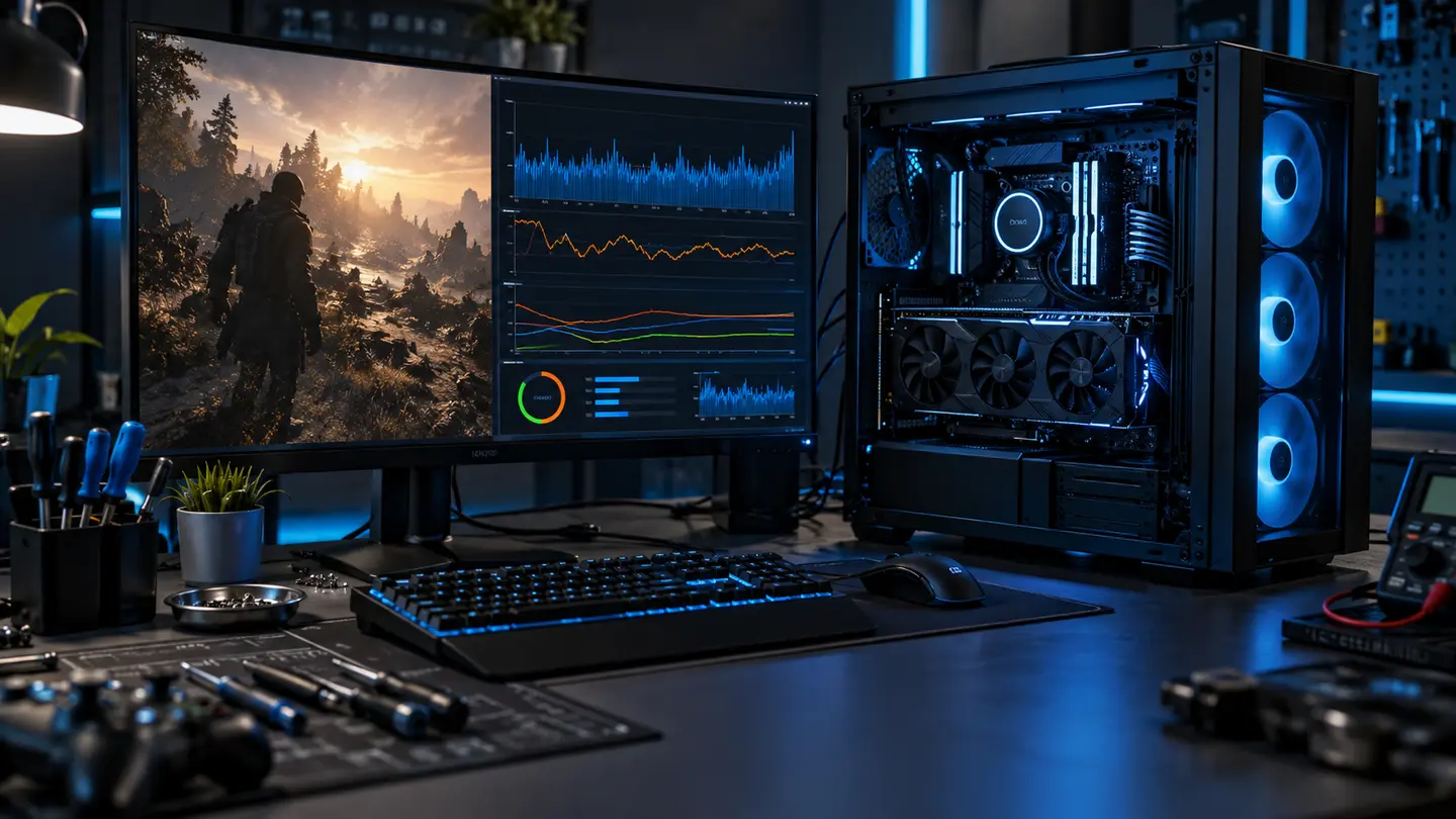 Gaming PC undergoing controlled frame-time and performance stress testing