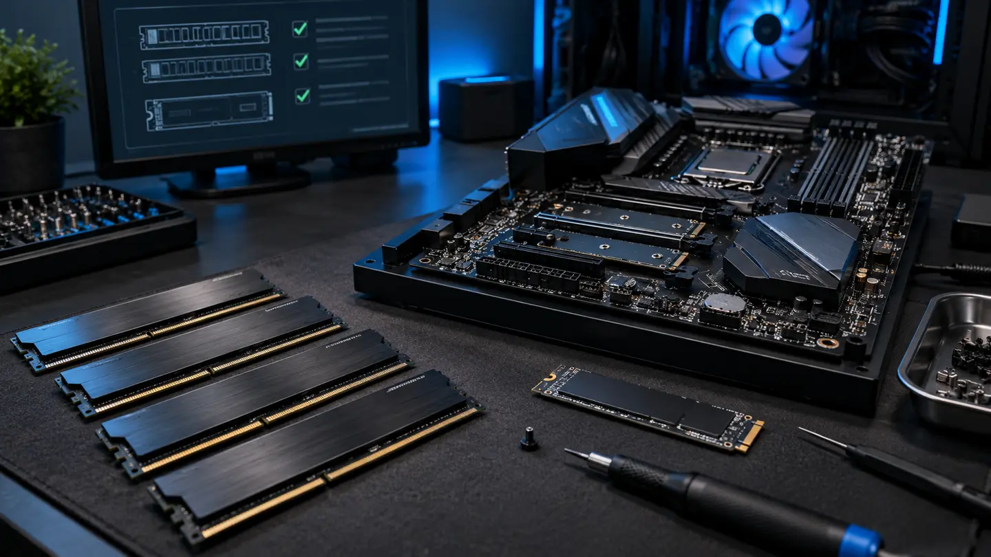 Desktop memory and NVMe storage prepared for compatibility and stability testing