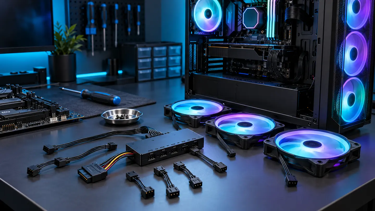 ARGB fans, controller hub and power connectors prepared for troubleshooting
