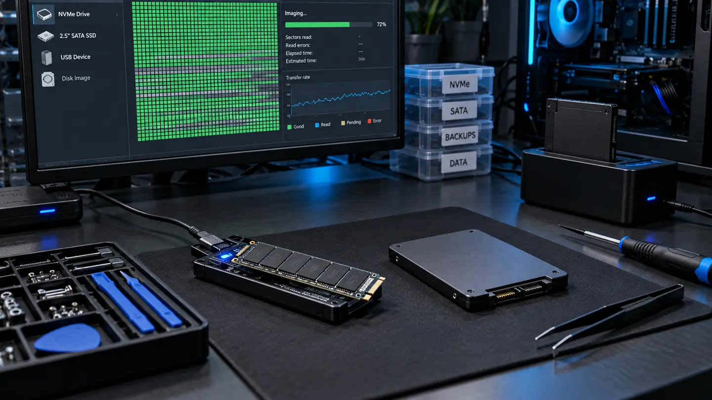 NVMe and SATA solid-state drives prepared for data recovery diagnostics