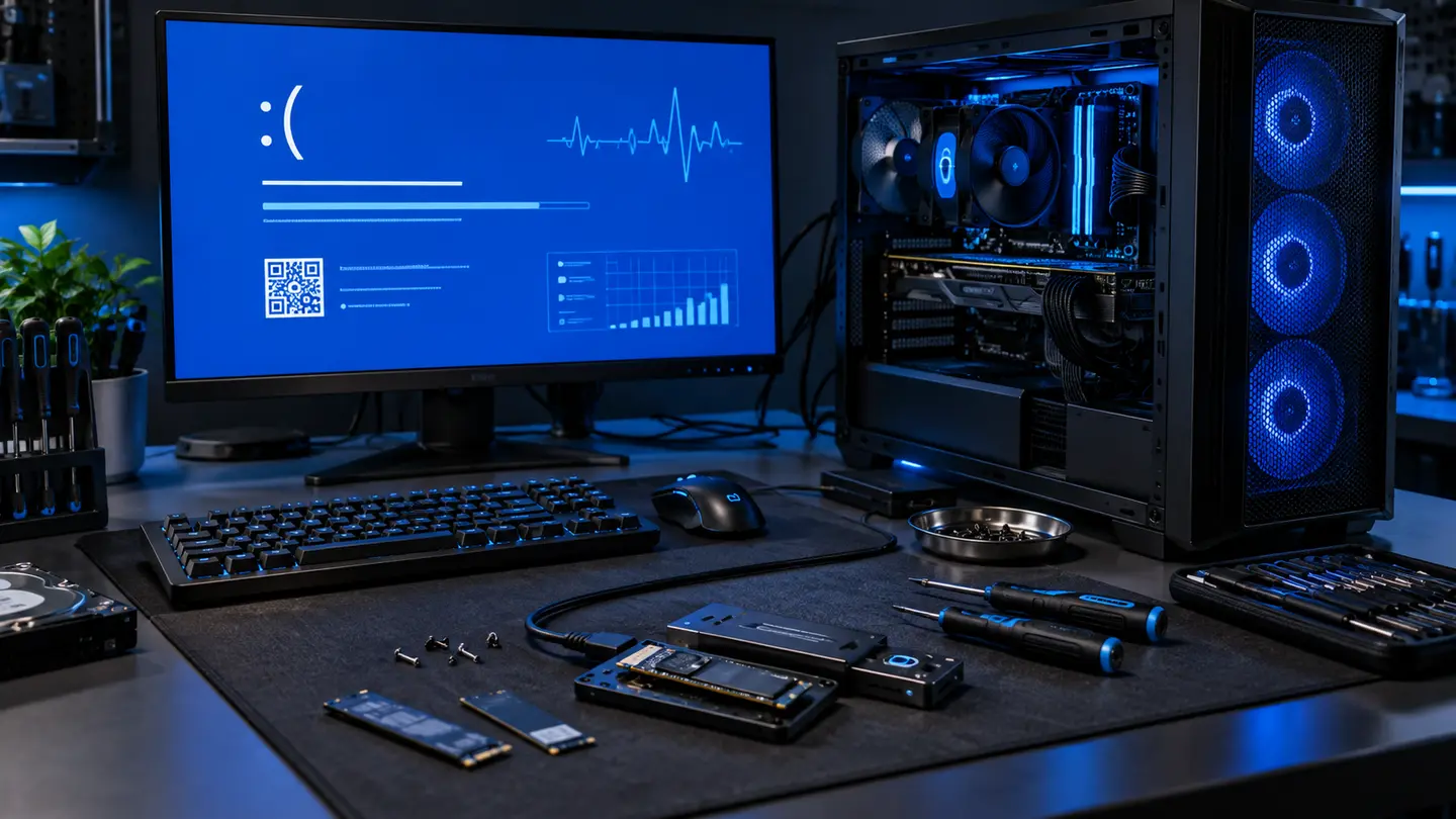 Gaming PC connected for Windows boot and blue-screen diagnostics